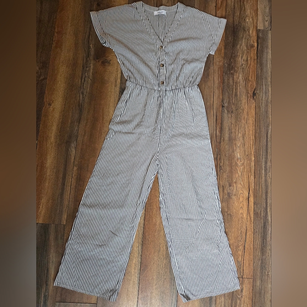 Carly Jean LA Pinstripe V-Neck Button-Down Romper 100% Rayon